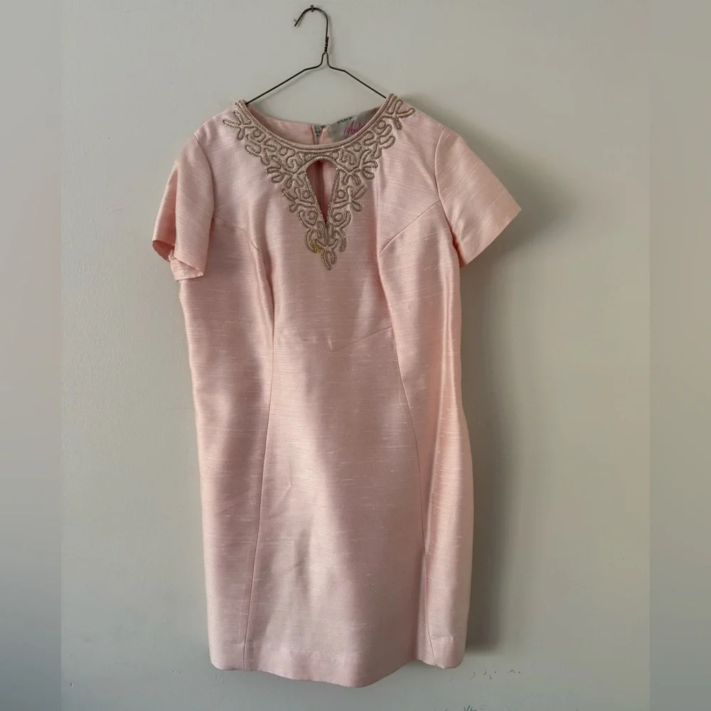 Vintage 1960s Plus Size Beaded Dress & Coat Set Raw Silk Pink Jackie O Size 16W - Picture 2 of 16